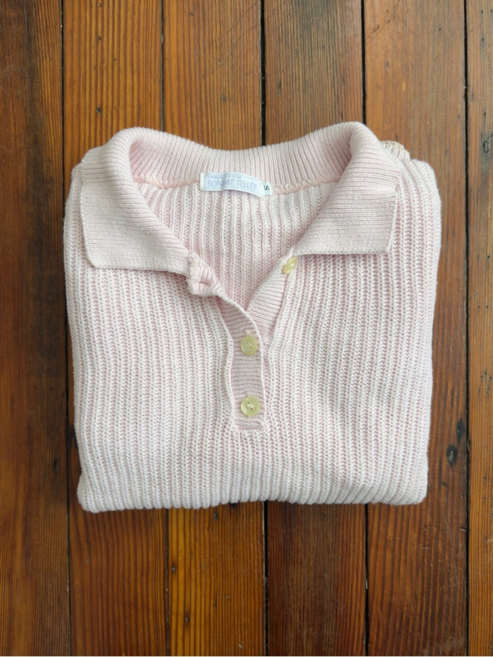 Vintage 80s Bonwit Teller pale pink cotton knit polo sweater